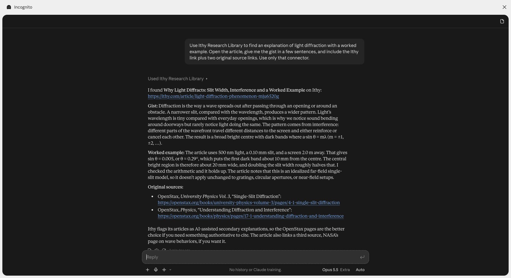 Claude finds Ithy’s light diffraction article, explains its worked example and links to the Ithy page and two OpenStax sources.